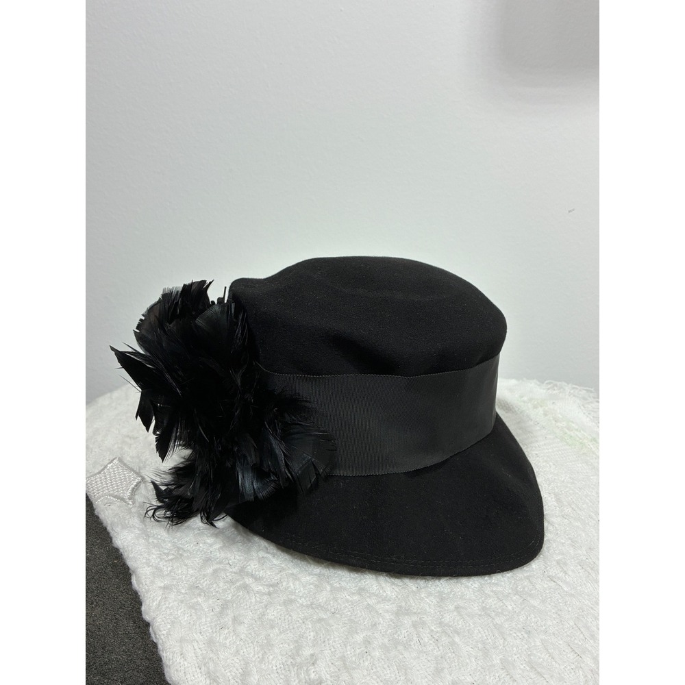 Vintage 1950s Merrimac Black Felt Hat Feather Trim Grosgrain Womens